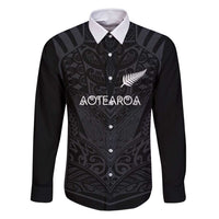 Custom Aotearoa Rugby Family Matching Off Shoulder Short Dress and Hawaiian Shirt The Blacks-Sporty T90 Style LT03 Dad's Shirt - Long Sleeve Black - Polynesian Pride