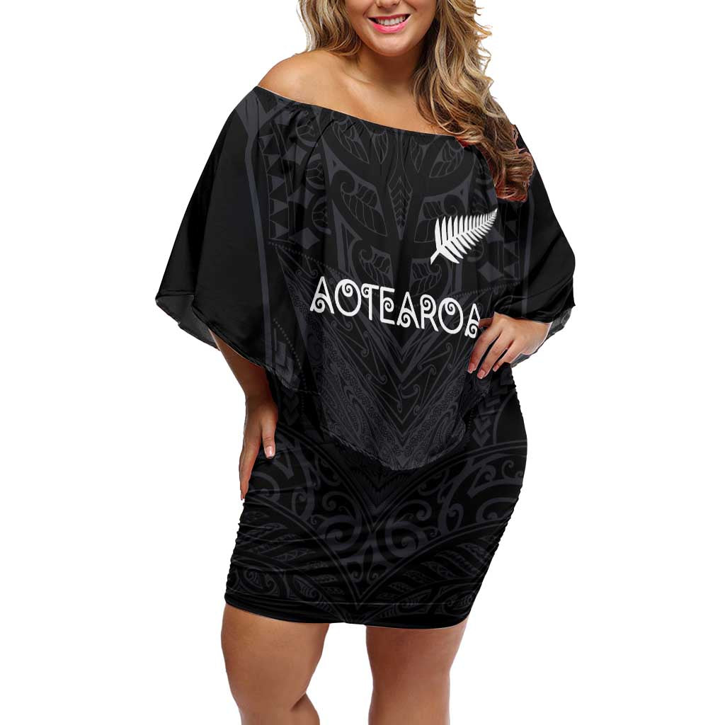 Custom Aotearoa Rugby Family Matching Off Shoulder Short Dress and Hawaiian Shirt The Blacks-Sporty T90 Style LT03 Mom's Dress Black - Polynesian Pride