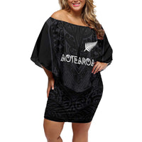 Custom Aotearoa Rugby Family Matching Off Shoulder Short Dress and Hawaiian Shirt The Blacks-Sporty T90 Style LT03 Mom's Dress Black - Polynesian Pride