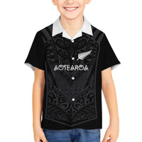 Custom Aotearoa Rugby Family Matching Off Shoulder Short Dress and Hawaiian Shirt The Blacks-Sporty T90 Style LT03 Son's Shirt Black - Polynesian Pride