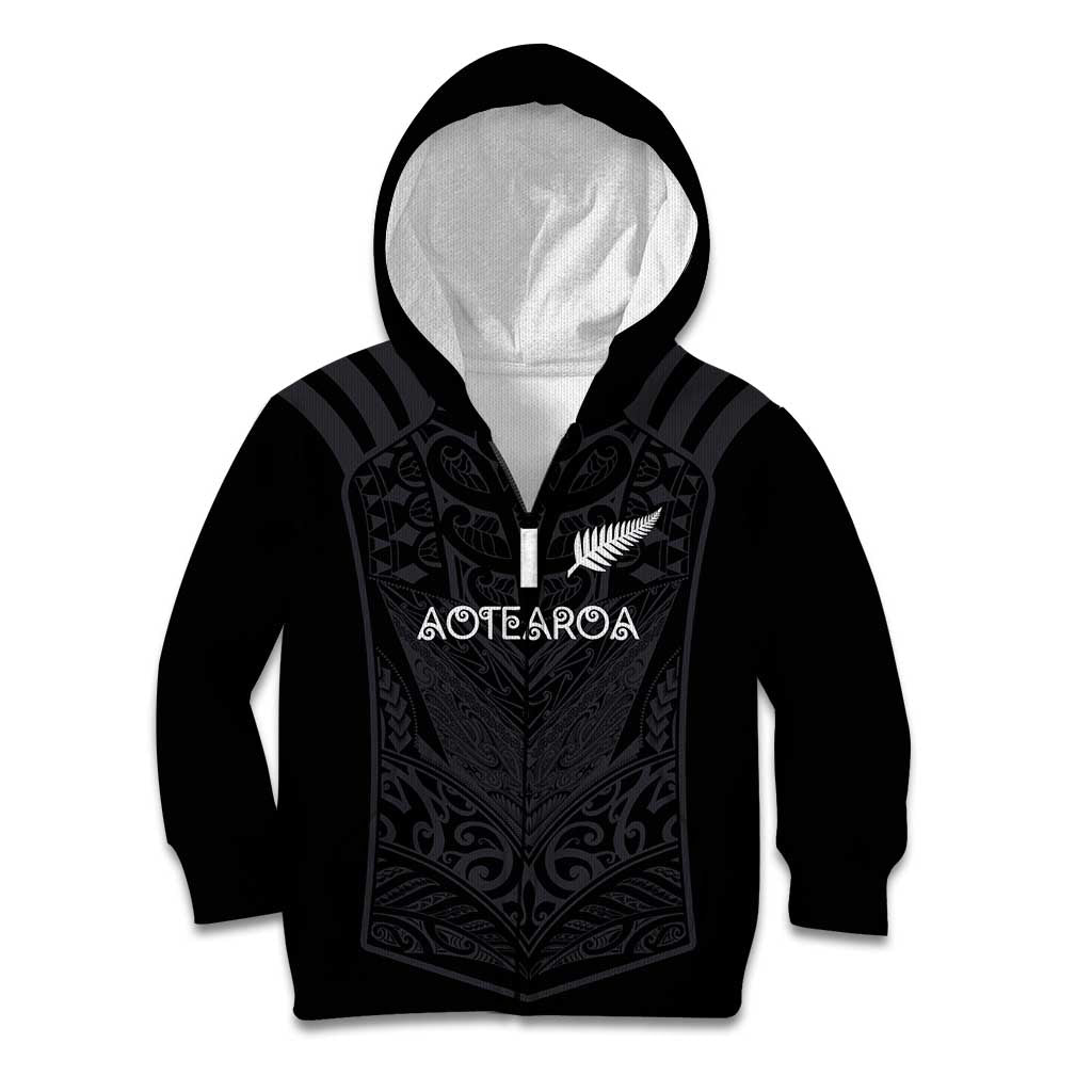 Custom Aotearoa Rugby Kid Hoodie The Blacks-Sporty T90 Style LT03 Zip Hoodie Black - Polynesian Pride