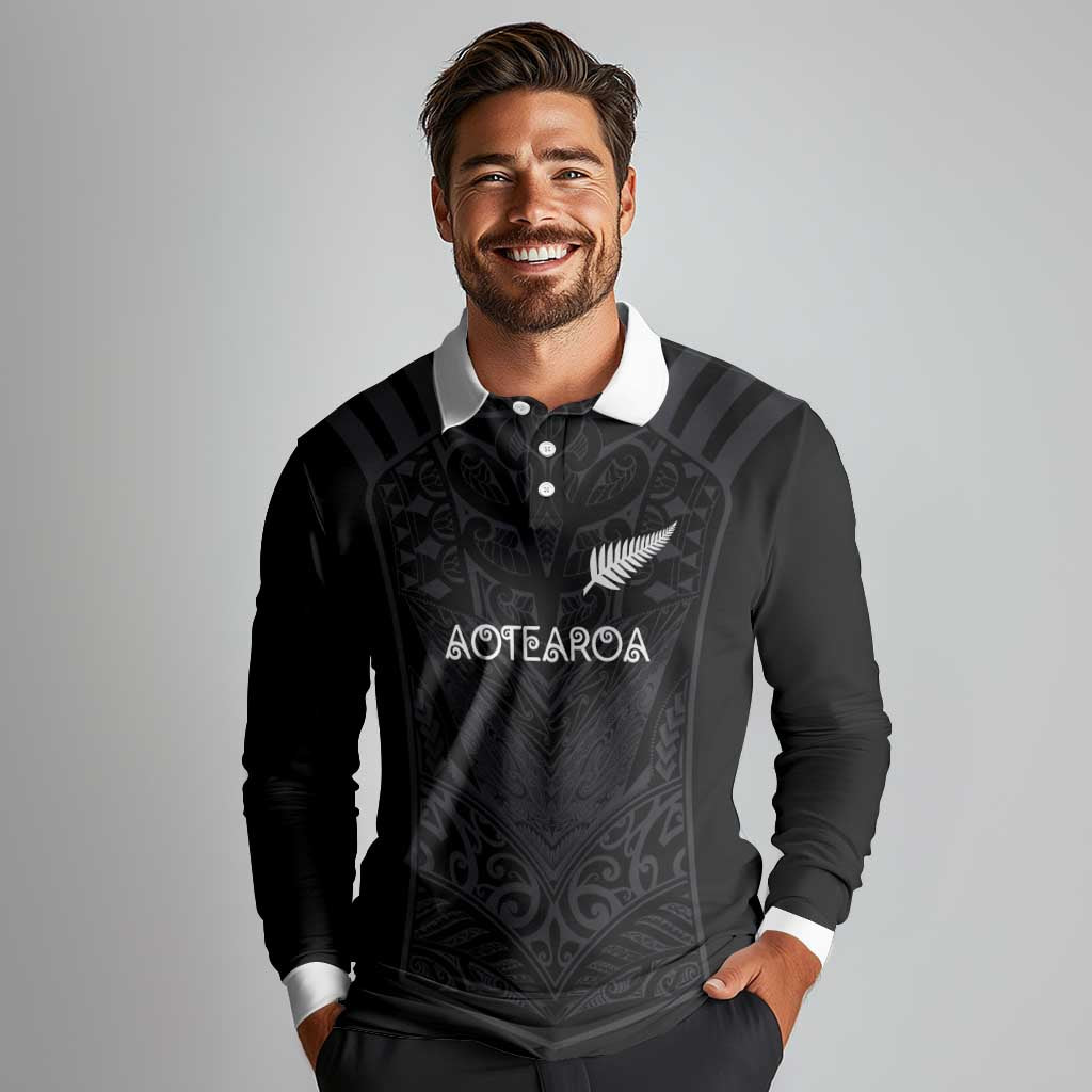 Custom Aotearoa Rugby Long Sleeve Polo Shirt The Blacks-Sporty T90 Style LT03 - Polynesian Pride