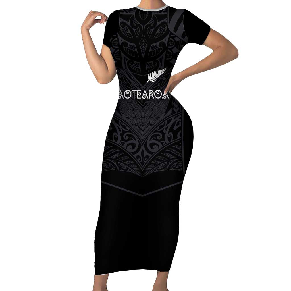 Custom Aotearoa Rugby Short Sleeve Bodycon Dress The Blacks-Sporty T90 Style LT03 Long Dress Black - Polynesian Pride