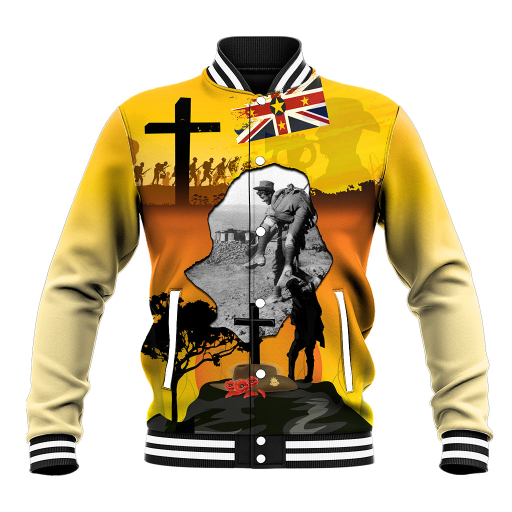 Niue ANZAC Day Baseball Jacket Soldier and Gallipoli Lest We Forget LT03 Unisex Yellow - Polynesian Pride