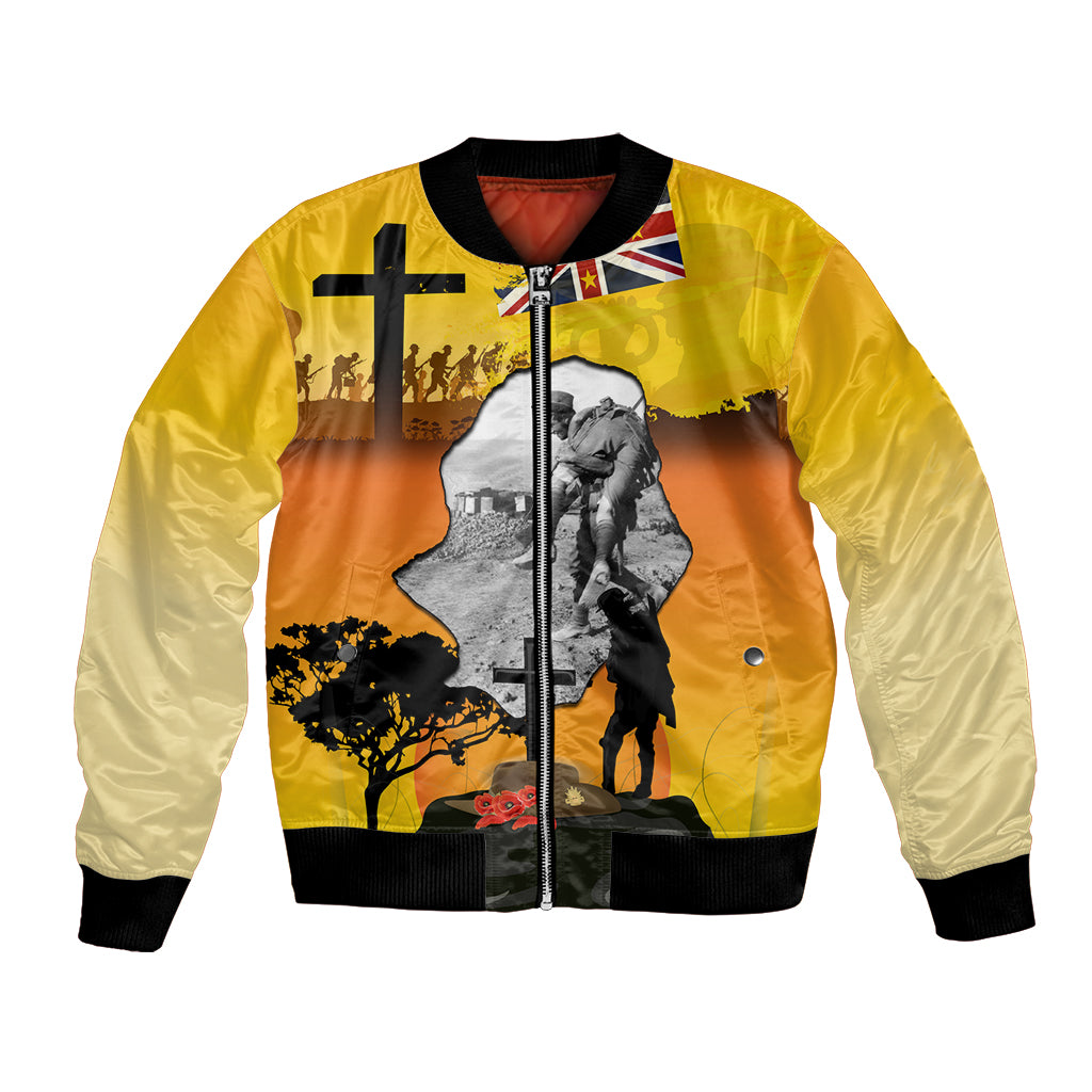 Niue ANZAC Day Bomber Jacket Soldier and Gallipoli Lest We Forget LT03 Unisex Yellow - Polynesian Pride