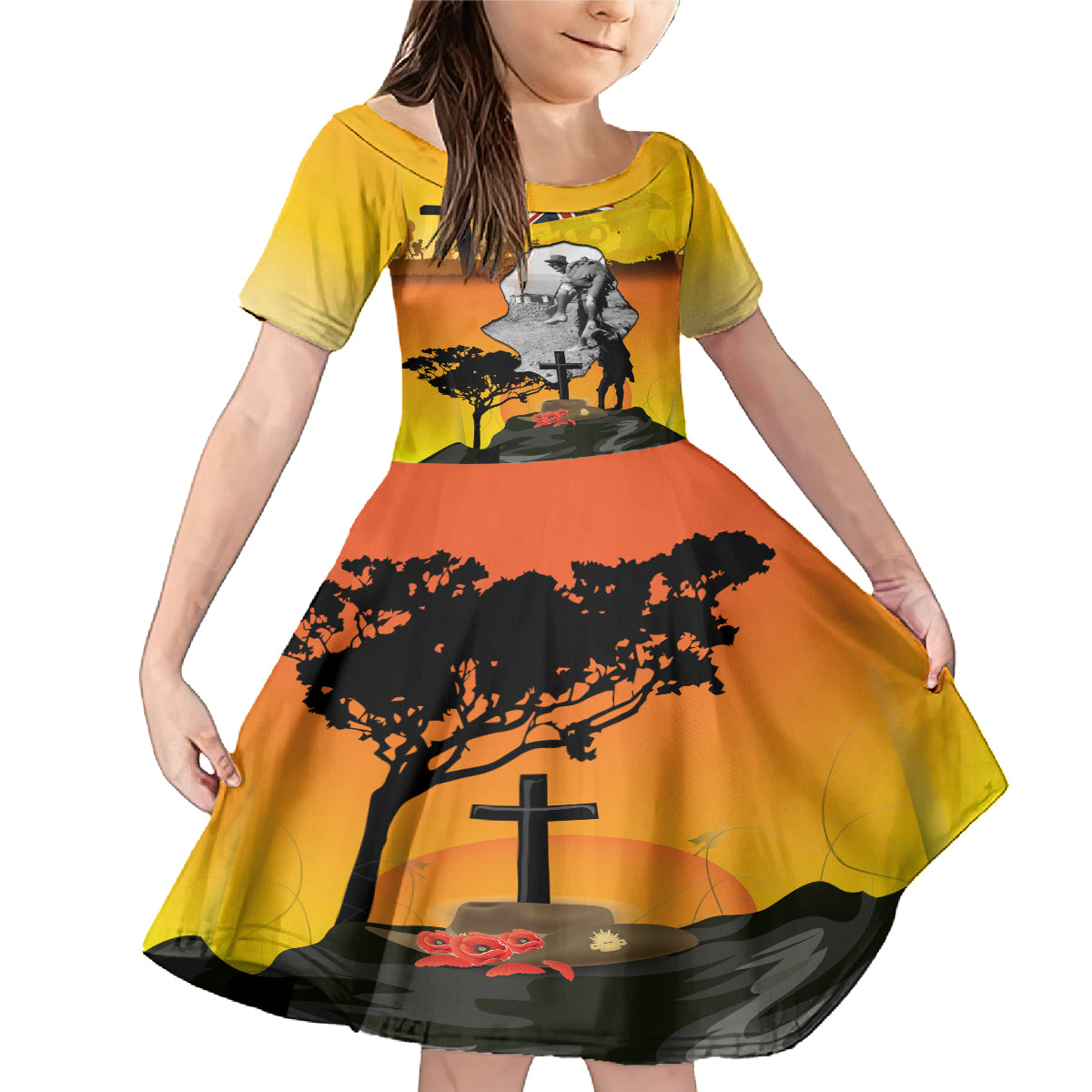 Niue ANZAC Day Family Matching Mermaid Dress and Hawaiian Shirt Soldier and Gallipoli Lest We Forget LT03 Daughter's Dress Yellow - Polynesian Pride