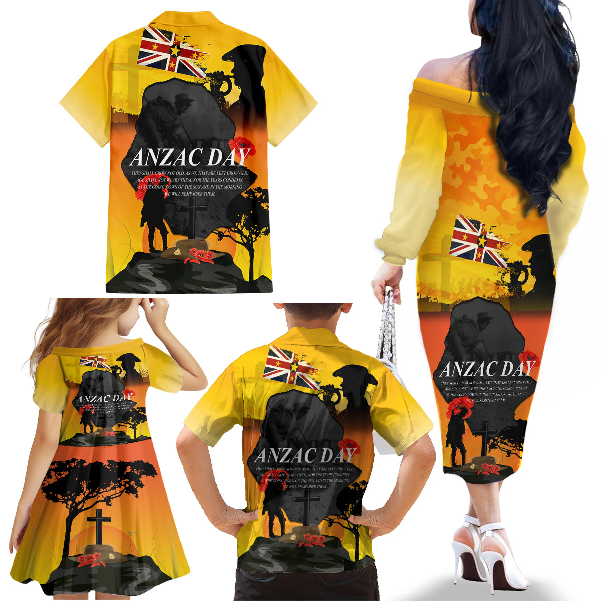 Niue ANZAC Day Family Matching Off Shoulder Long Sleeve Dress and Hawaiian Shirt Soldier and Gallipoli Lest We Forget LT03 - Polynesian Pride