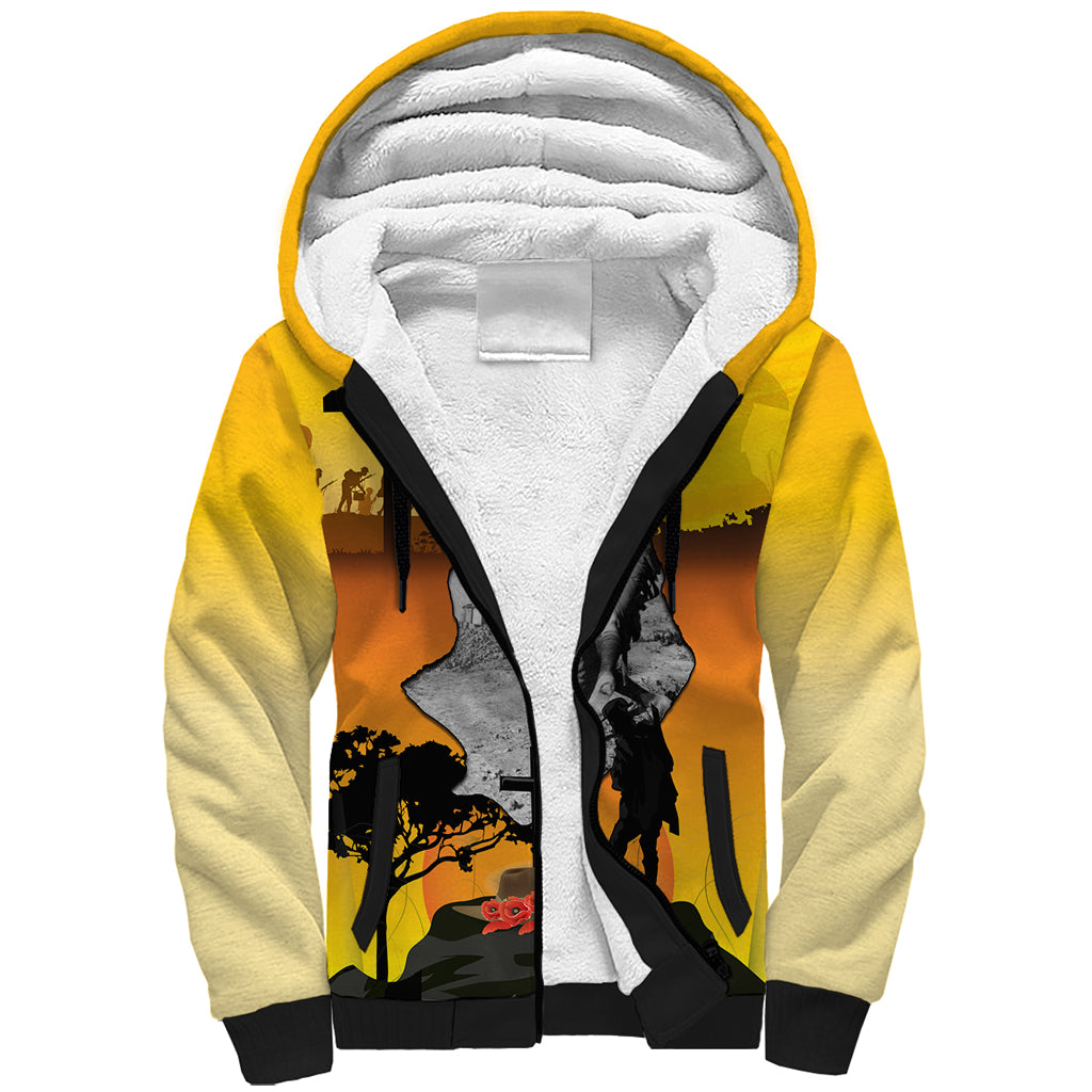 Niue ANZAC Day Sherpa Hoodie Soldier and Gallipoli Lest We Forget LT03 Unisex Yellow - Polynesian Pride