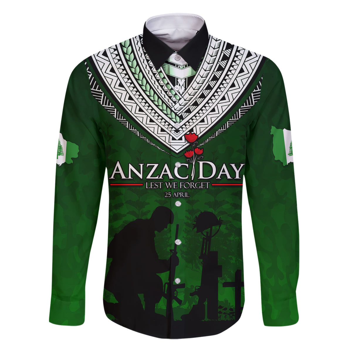 Norfolk Island ANZAC Day Family Matching Short Sleeve Bodycon Dress and Hawaiian Shirt Soldier Lest We Forget Camouflage LT03 Dad's Shirt - Long Sleeve Green - Polynesian Pride