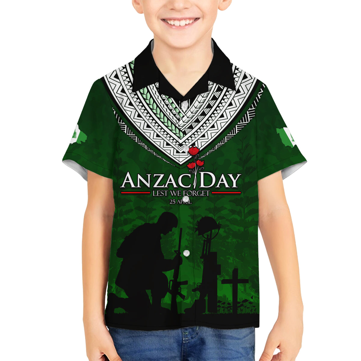 Norfolk Island ANZAC Day Family Matching Tank Maxi Dress and Hawaiian Shirt Soldier Lest We Forget Camouflage LT03 Son's Shirt Green - Polynesian Pride