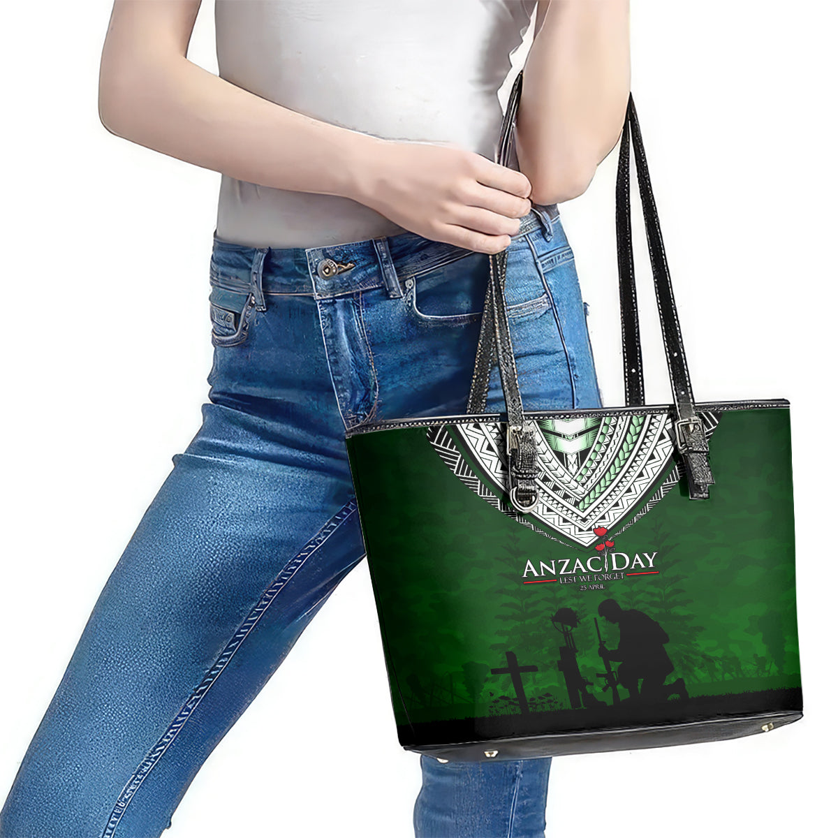 Norfolk Island ANZAC Day Leather Tote Bag Soldier Lest We Forget Camouflage LT03 - Polynesian Pride