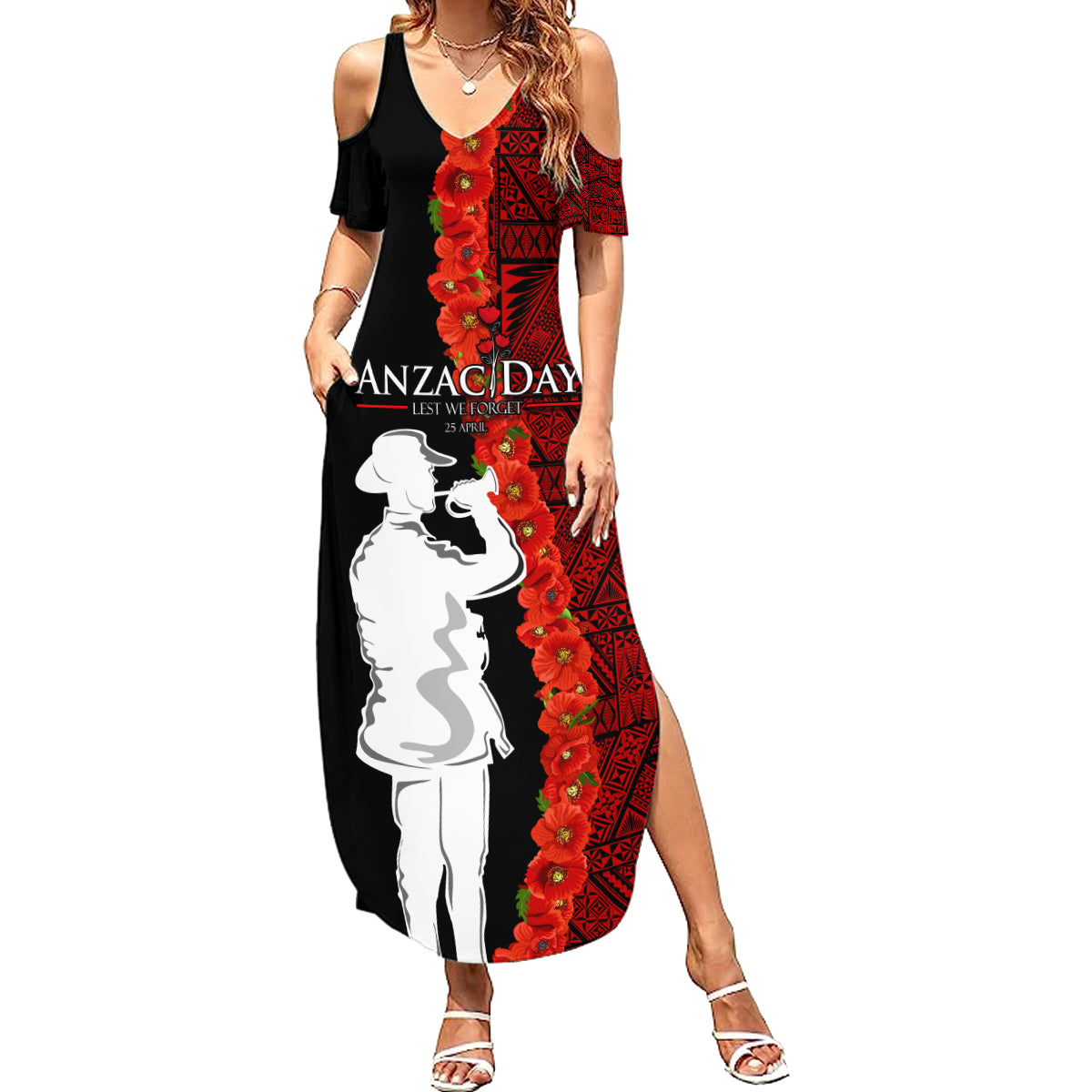 Tonga ANZAC Day Family Matching Summer Maxi Dress and Hawaiian Shirt Red Poppies Flower Soldier Lest We Forget LT03 Mom's Dress Red - Polynesian Pride