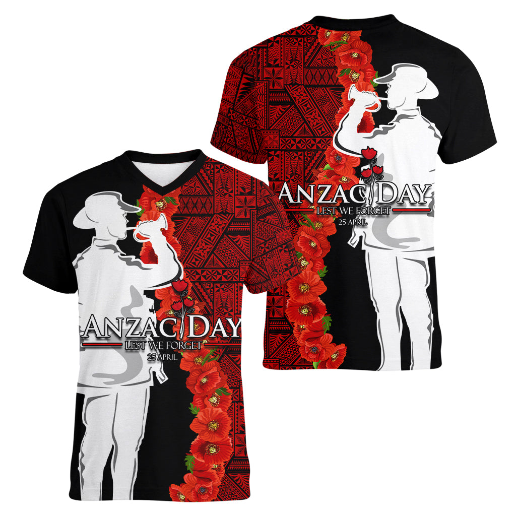 Tonga ANZAC Day Women V Neck T Shirt Red Poppies Flower Soldier Lest We Forget LT03 - Polynesian Pride