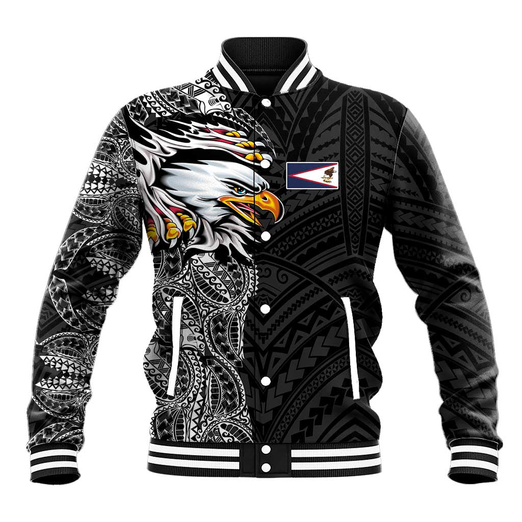 American Samoa Flag Day Baseball Jacket Tribal Tattoo with Eagle Black
