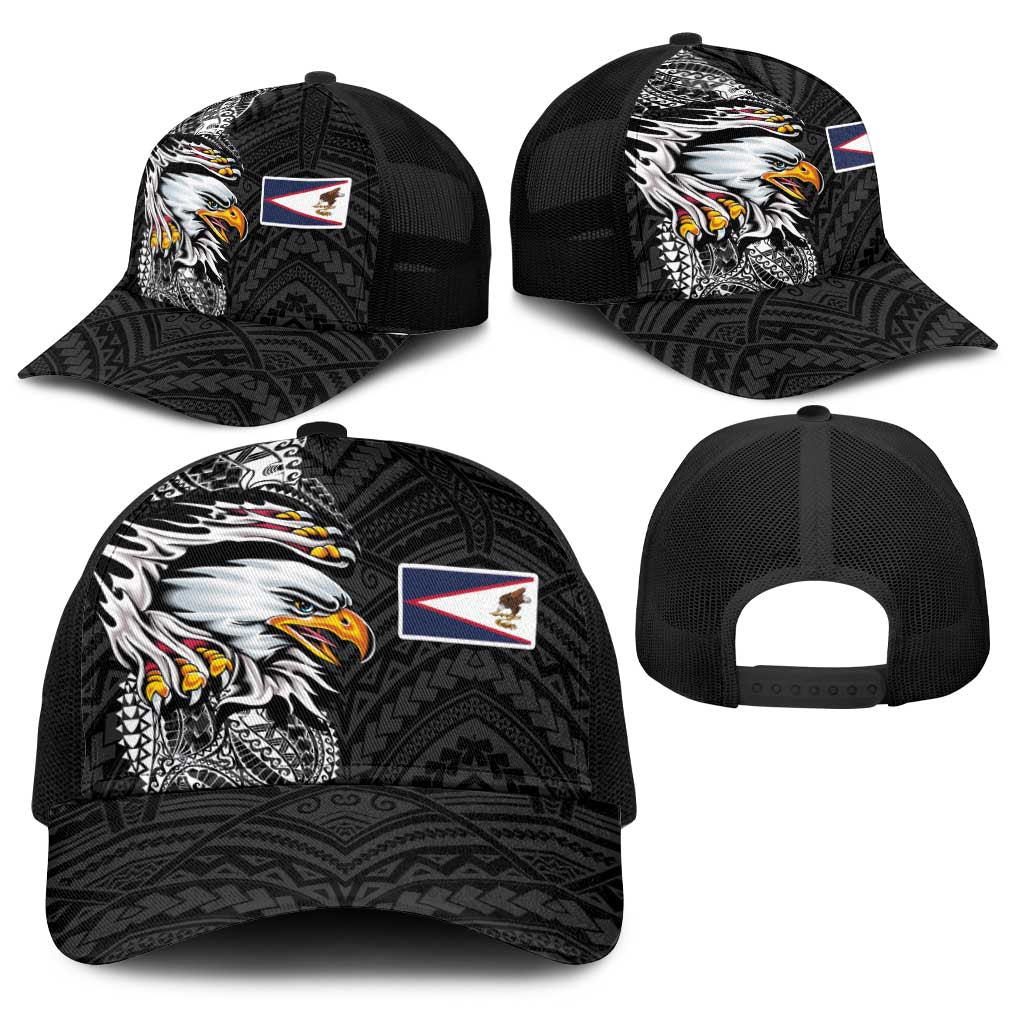 American Samoa Flag Day Baseball Net Cap Tribal Tattoo with Eagle Black