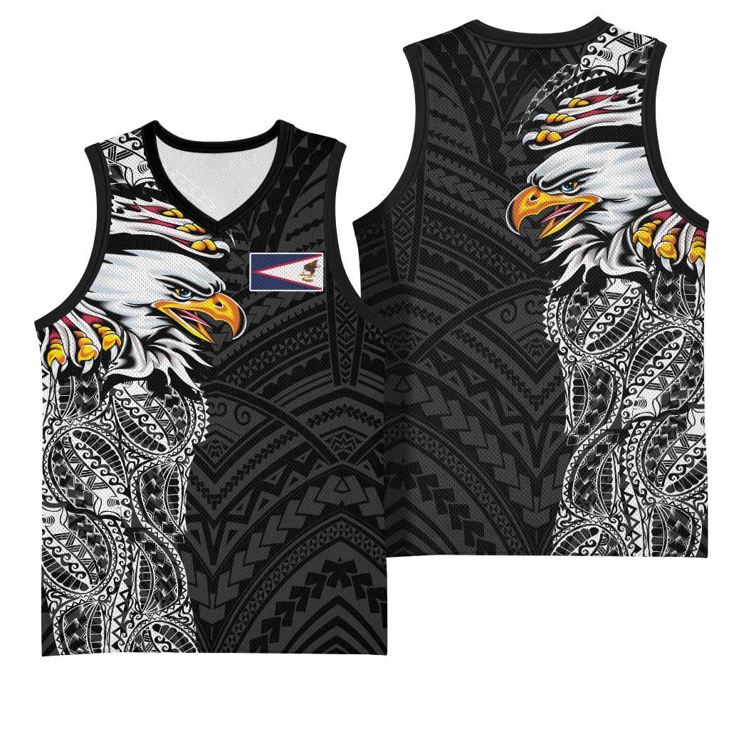 American Samoa Flag Day Basketball Jersey Tribal Tattoo with Eagle Black