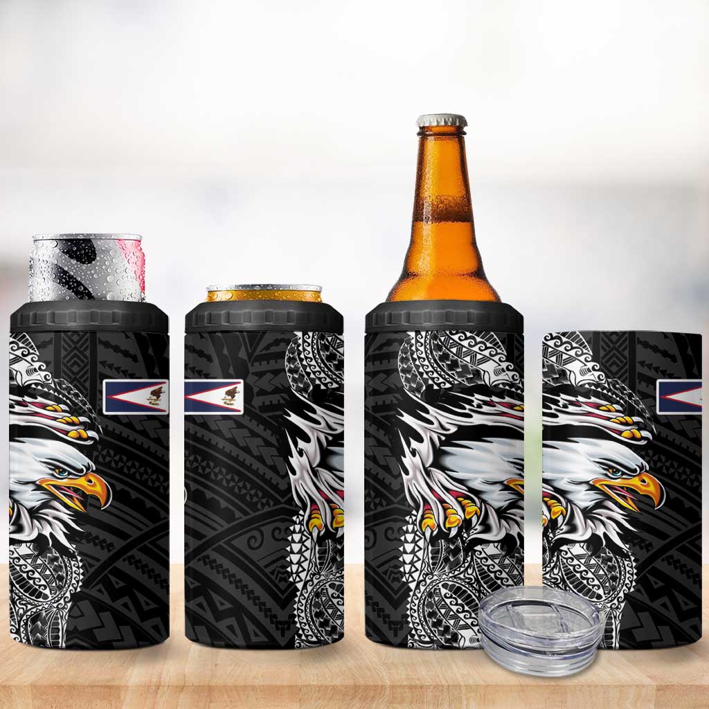 American Samoa Flag Day 4 in 1 Can Cooler Tumbler Tribal Tattoo with Eagle Black