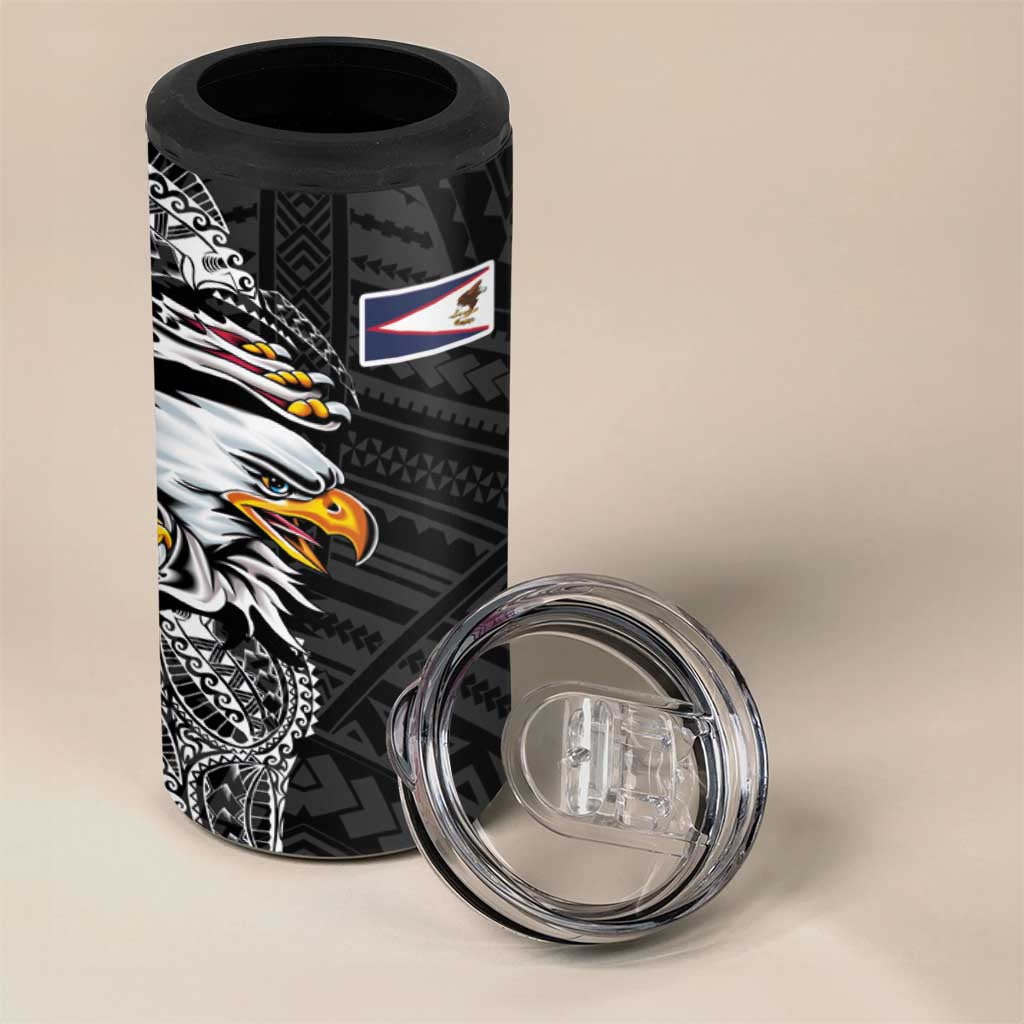 American Samoa Flag Day 4 in 1 Can Cooler Tumbler Tribal Tattoo with Eagle Black