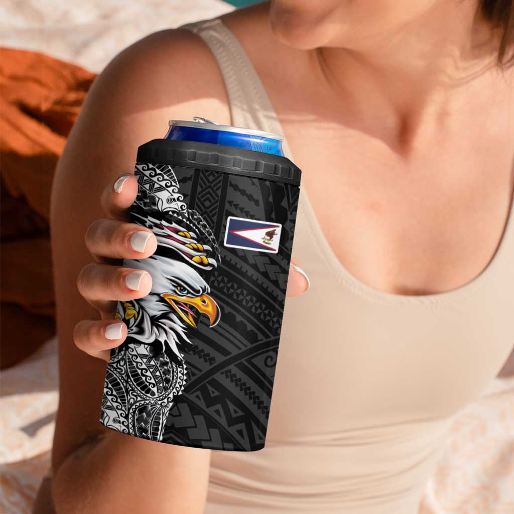 American Samoa Flag Day 4 in 1 Can Cooler Tumbler Tribal Tattoo with Eagle Black