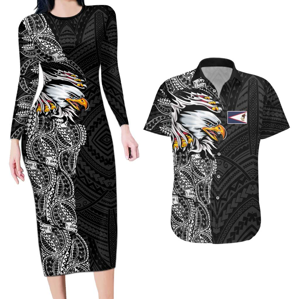 American Samoa Flag Day Couples Matching Long Sleeve Bodycon Dress and Hawaiian Shirt Tribal Tattoo with Eagle Black