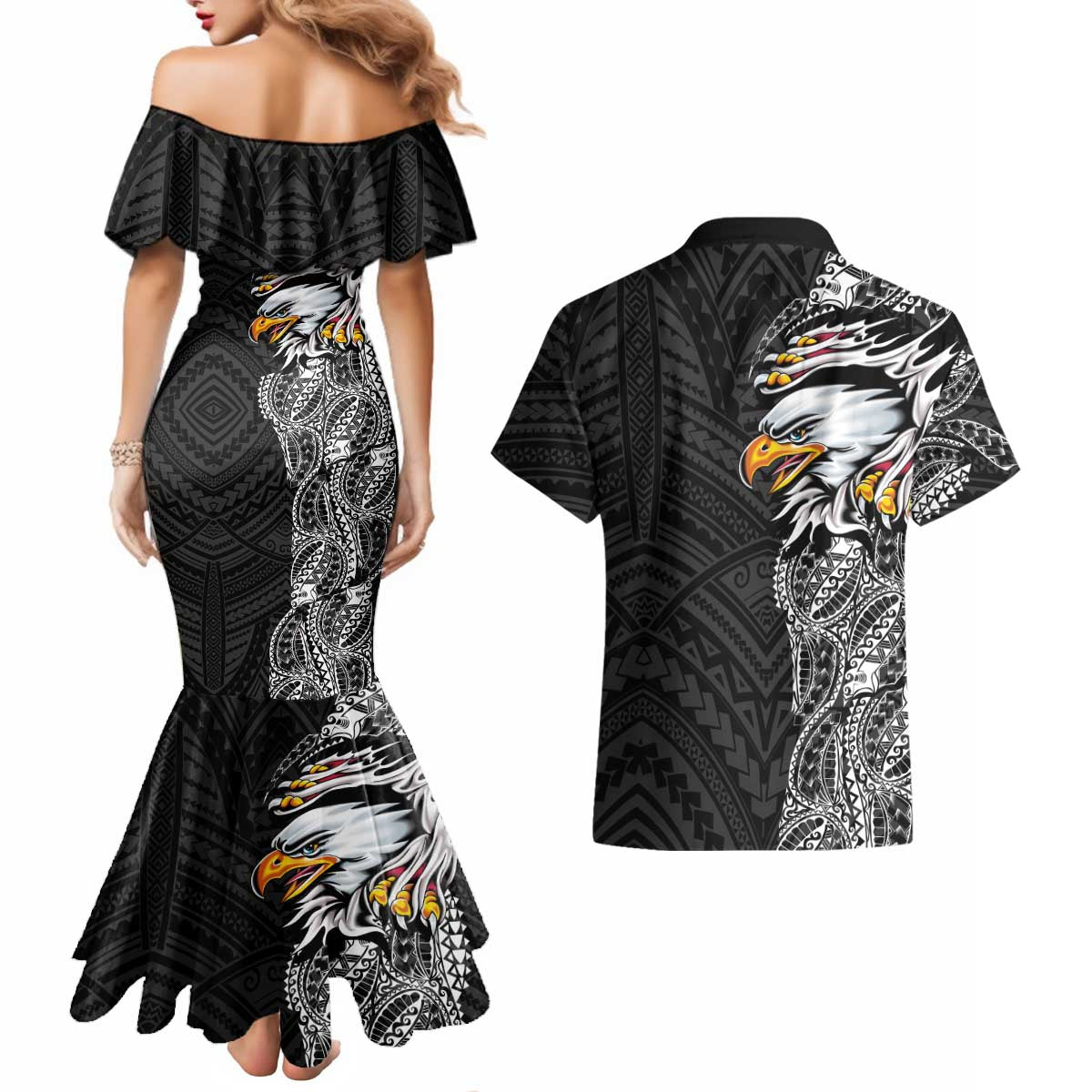 American Samoa Flag Day Couples Matching Mermaid Dress and Hawaiian Shirt Tribal Tattoo with Eagle Black
