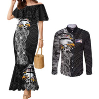 American Samoa Flag Day Couples Matching Mermaid Dress and Long Sleeve Button Shirt Tribal Tattoo with Eagle Black LT03 Black - Polynesian Pride