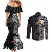 American Samoa Flag Day Couples Matching Mermaid Dress and Long Sleeve Button Shirt Tribal Tattoo with Eagle Black LT03 - Polynesian Pride