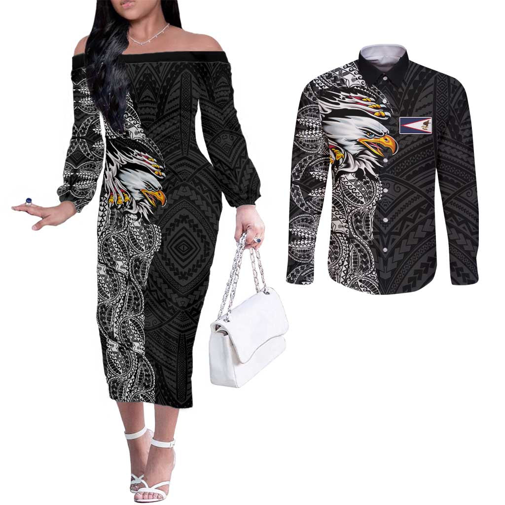American Samoa Flag Day Couples Matching Off The Shoulder Long Sleeve Dress and Long Sleeve Button Shirt Tribal Tattoo with Eagle Black
