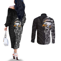 American Samoa Flag Day Couples Matching Off The Shoulder Long Sleeve Dress and Long Sleeve Button Shirt Tribal Tattoo with Eagle Black