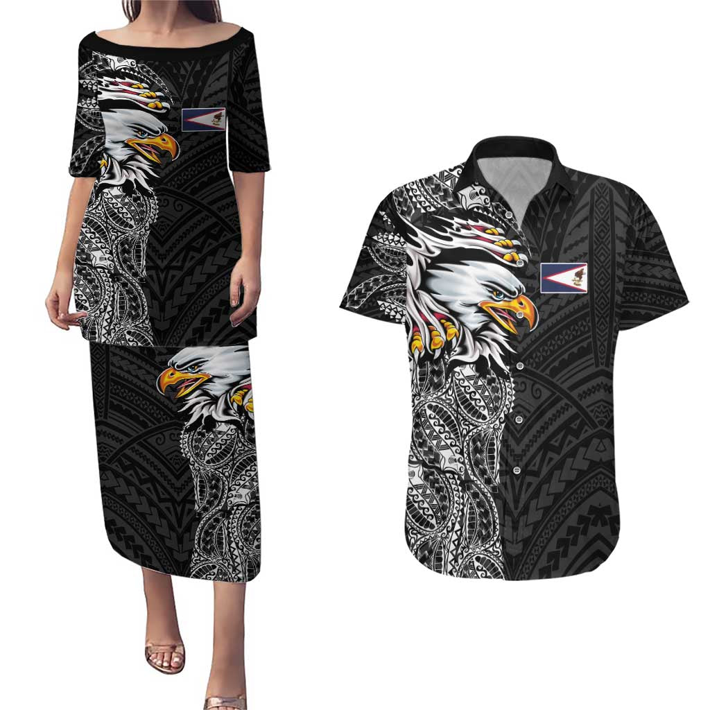 American Samoa Flag Day Couples Matching Puletasi and Hawaiian Shirt Tribal Tattoo with Eagle Black