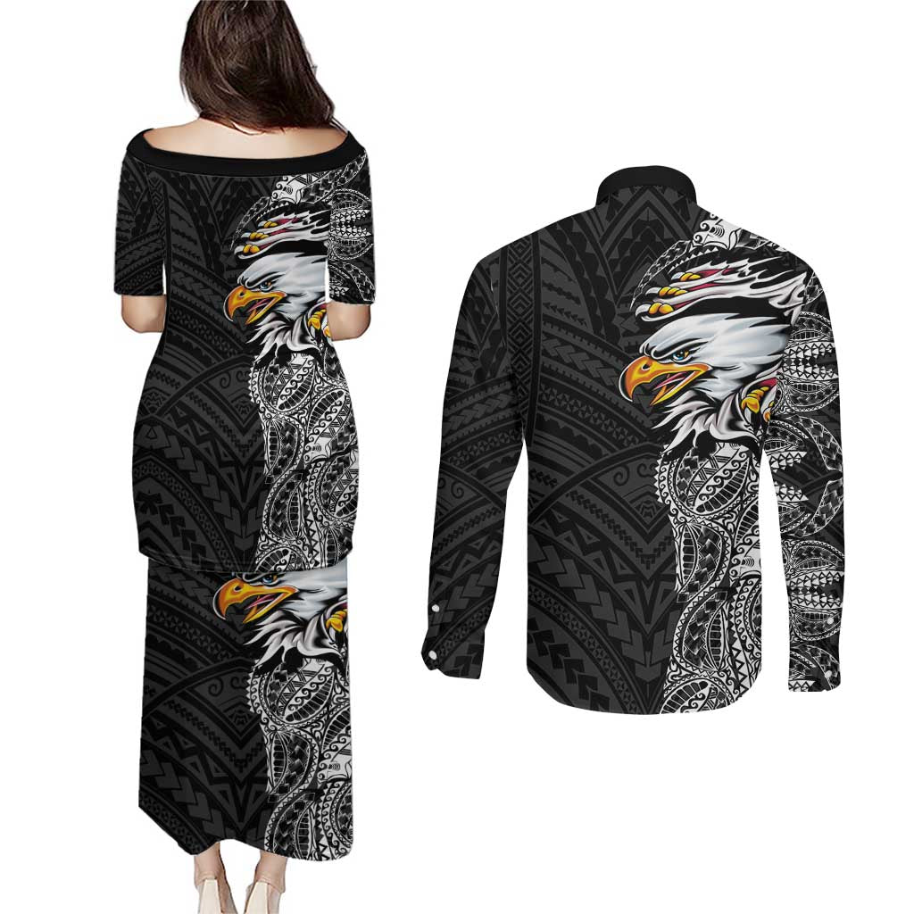 American Samoa Flag Day Couples Matching Puletasi and Long Sleeve Button Shirt Tribal Tattoo with Eagle Black