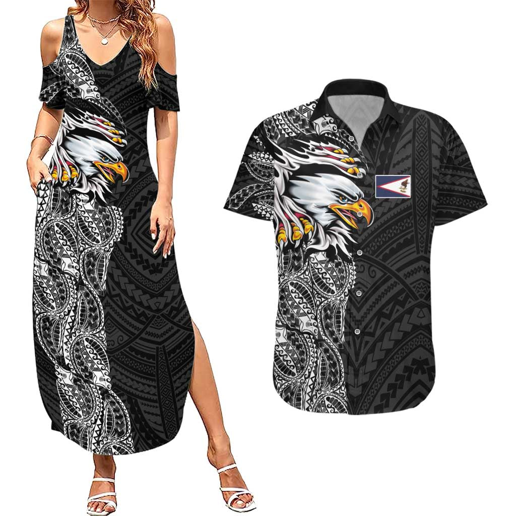 American Samoa Flag Day Couples Matching Summer Maxi Dress and Hawaiian Shirt Tribal Tattoo with Eagle Black