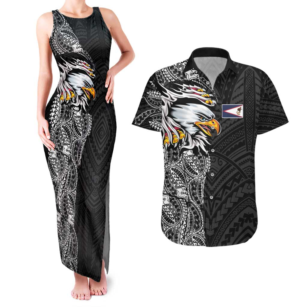 American Samoa Flag Day Couples Matching Tank Maxi Dress and Hawaiian Shirt Tribal Tattoo with Eagle Black