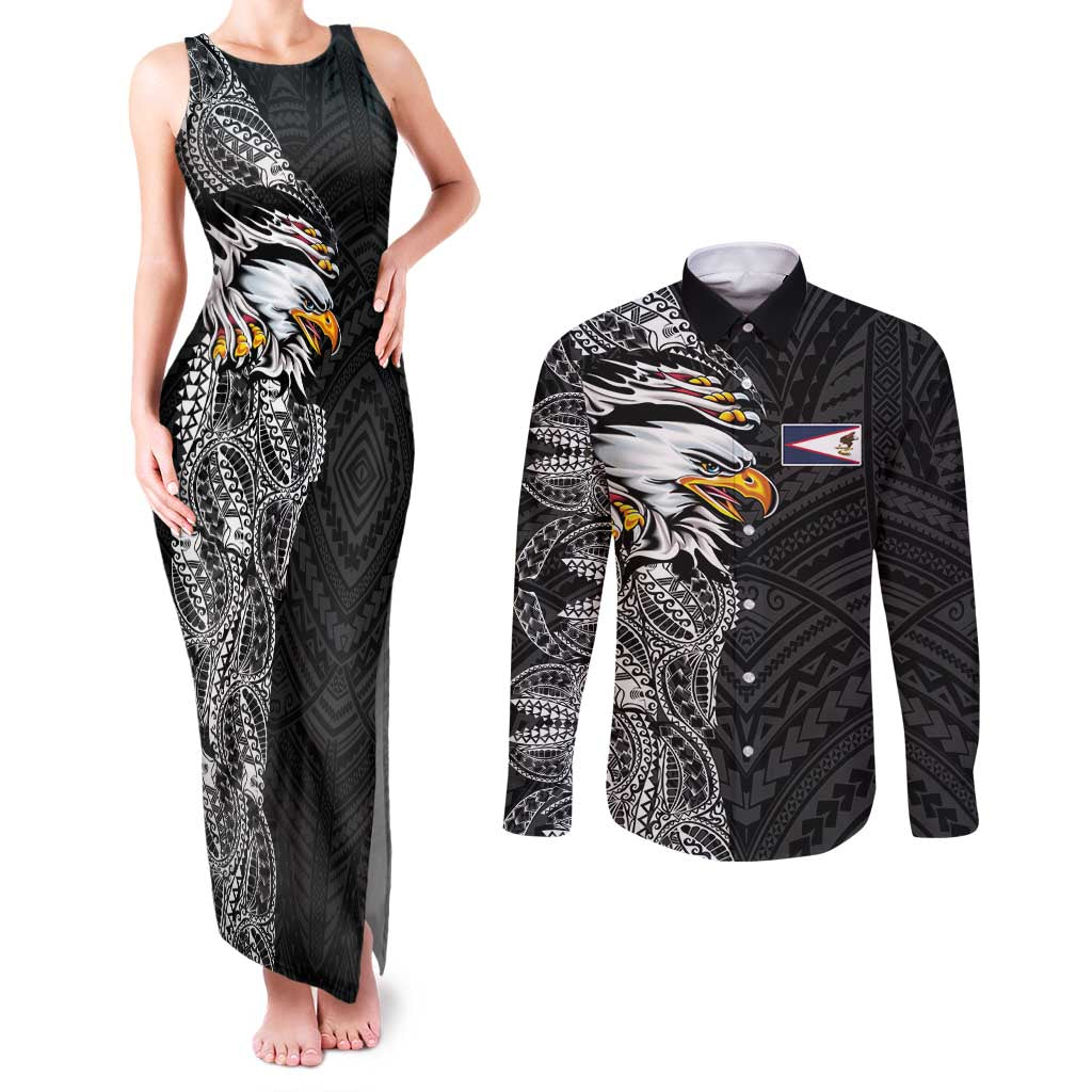 American Samoa Flag Day Couples Matching Tank Maxi Dress and Long Sleeve Button Shirt Tribal Tattoo with Eagle Black