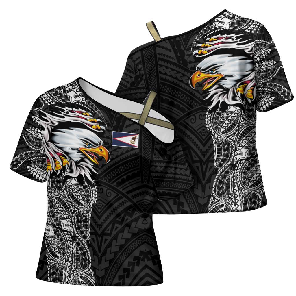 American Samoa Flag Day Cross Shoulder Shirt Tribal Tattoo with Eagle Black