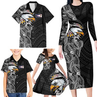American Samoa Flag Day Family Matching Long Sleeve Bodycon Dress and Hawaiian Shirt Tribal Tattoo with Eagle Black