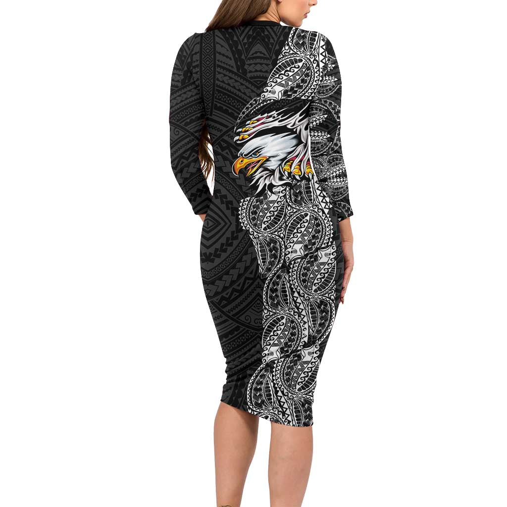 American Samoa Flag Day Family Matching Long Sleeve Bodycon Dress and Hawaiian Shirt Tribal Tattoo with Eagle Black