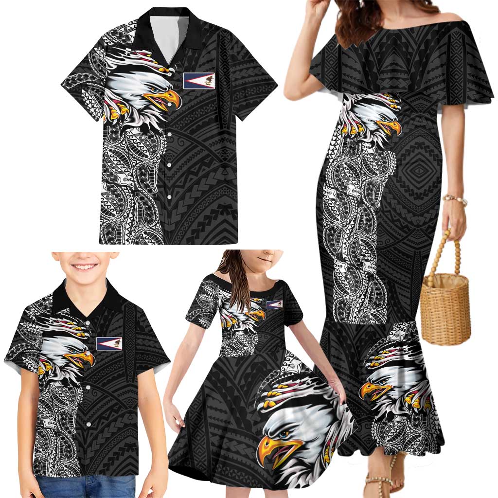 American Samoa Flag Day Family Matching Mermaid Dress and Hawaiian Shirt Tribal Tattoo with Eagle Black