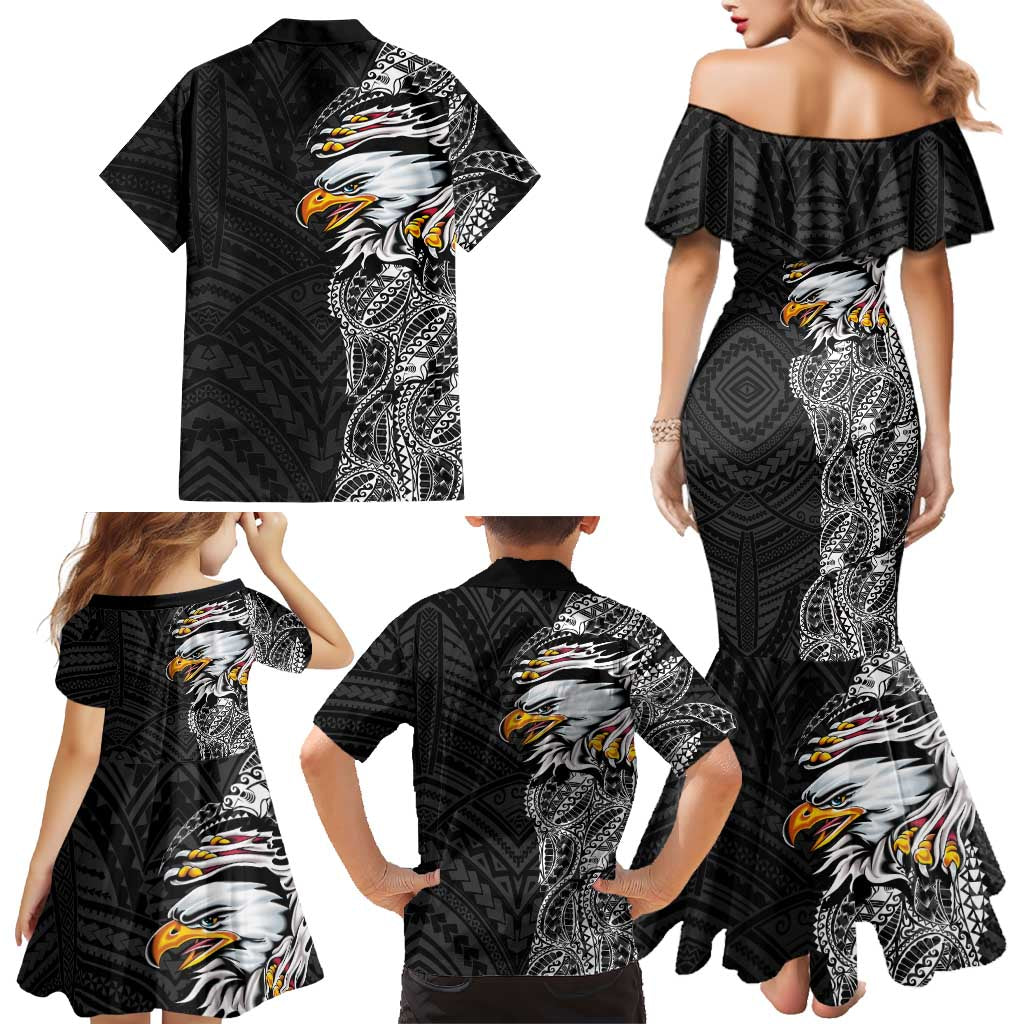 American Samoa Flag Day Family Matching Mermaid Dress and Hawaiian Shirt Tribal Tattoo with Eagle Black
