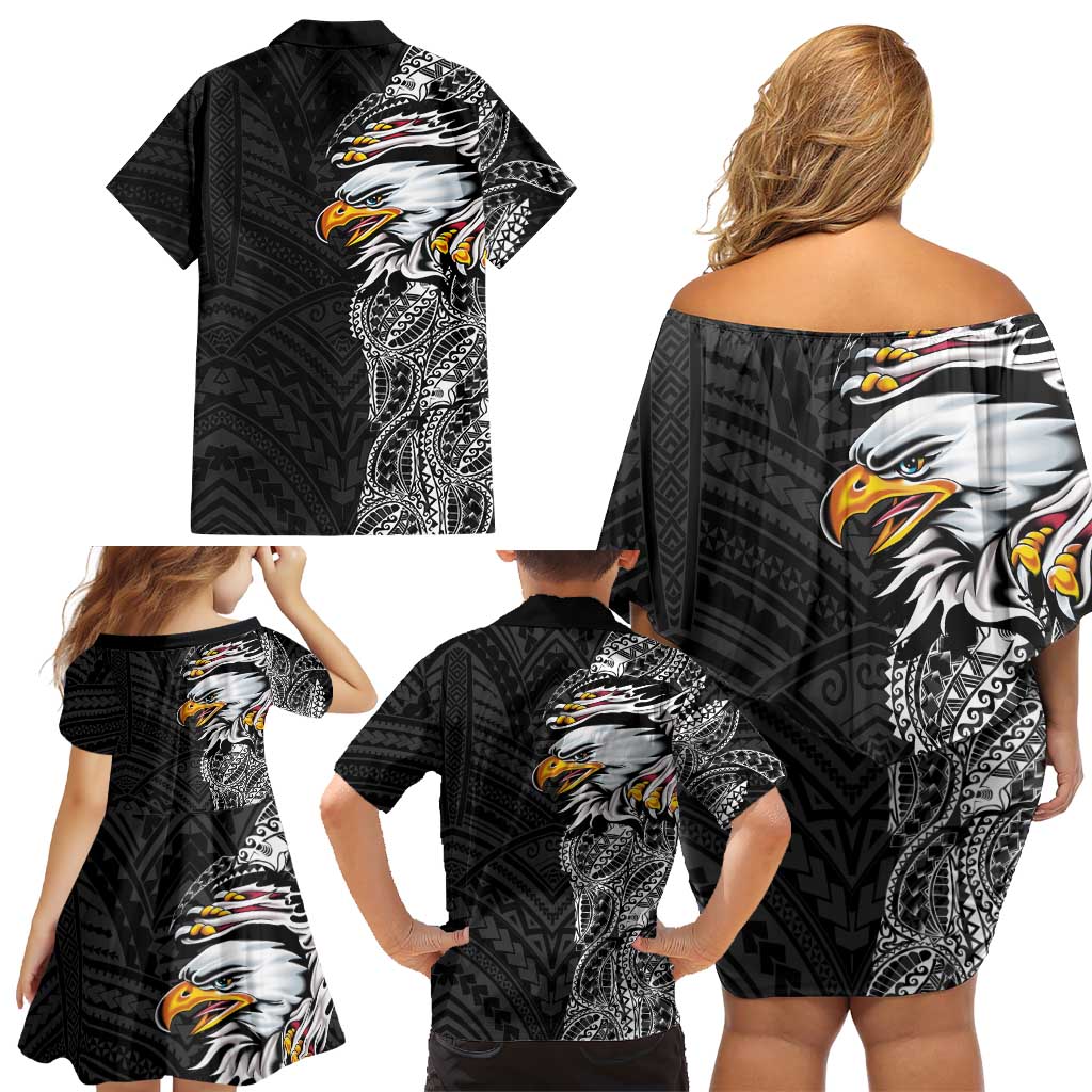 American Samoa Flag Day Family Matching Off Shoulder Short Dress and Hawaiian Shirt Tribal Tattoo with Eagle Black