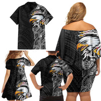 American Samoa Flag Day Family Matching Off Shoulder Short Dress and Hawaiian Shirt Tribal Tattoo with Eagle Black