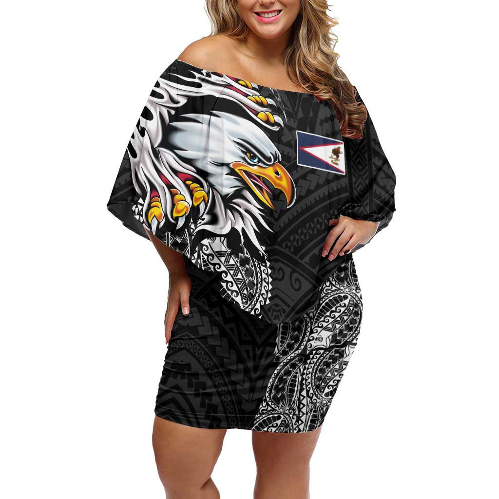 American Samoa Flag Day Family Matching Off Shoulder Short Dress and Hawaiian Shirt Tribal Tattoo with Eagle Black