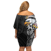 American Samoa Flag Day Family Matching Off Shoulder Short Dress and Hawaiian Shirt Tribal Tattoo with Eagle Black