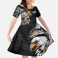 American Samoa Flag Day Family Matching Short Sleeve Bodycon Dress and Hawaiian Shirt Tribal Tattoo with Eagle Black LT03 Daughter's Dress Black - Polynesian Pride