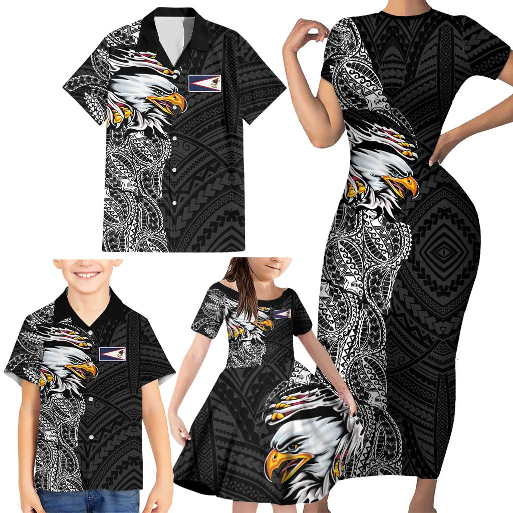 American Samoa Flag Day Family Matching Short Sleeve Bodycon Dress and Hawaiian Shirt Tribal Tattoo with Eagle Black LT03 - Polynesian Pride