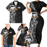American Samoa Flag Day Family Matching Short Sleeve Bodycon Dress and Hawaiian Shirt Tribal Tattoo with Eagle Black LT03 - Polynesian Pride