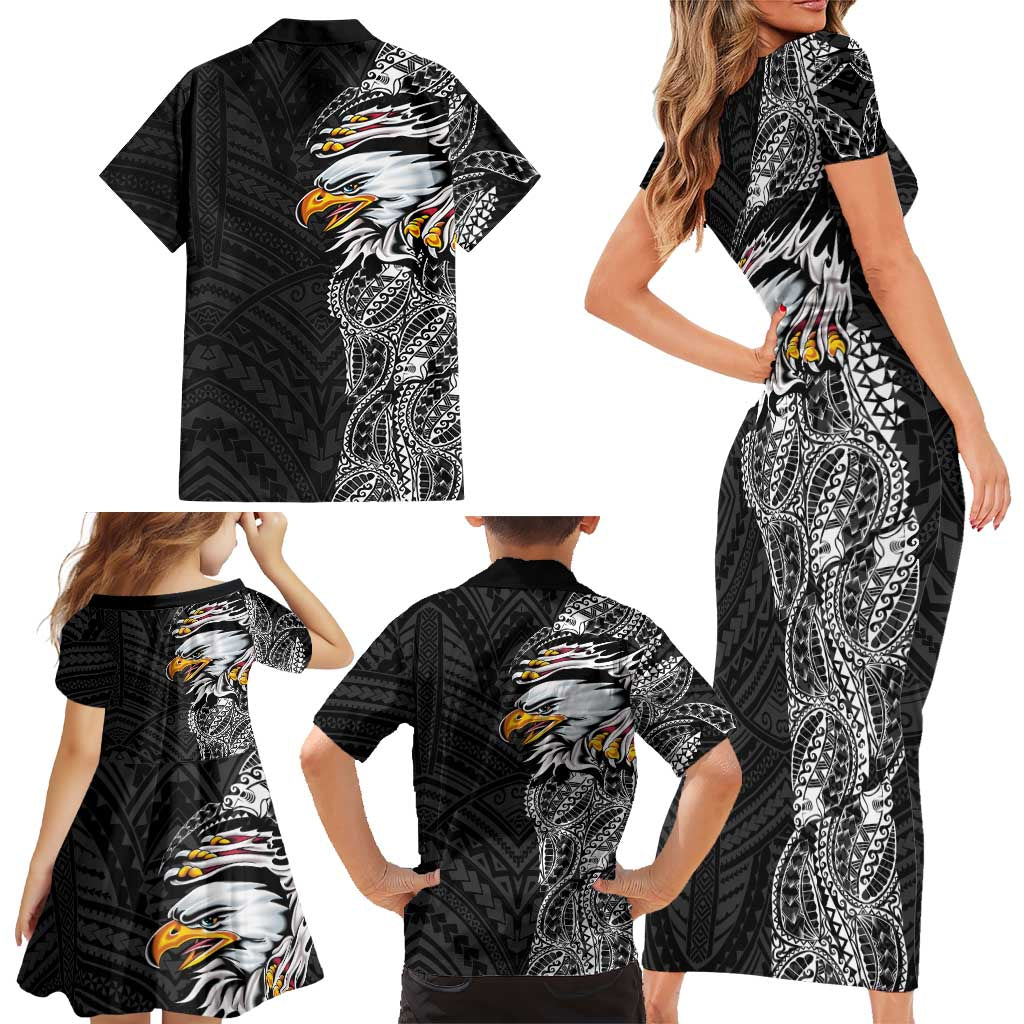 American Samoa Flag Day Family Matching Short Sleeve Bodycon Dress and Hawaiian Shirt Tribal Tattoo with Eagle Black LT03 - Polynesian Pride