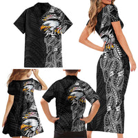 American Samoa Flag Day Family Matching Short Sleeve Bodycon Dress and Hawaiian Shirt Tribal Tattoo with Eagle Black LT03 - Polynesian Pride
