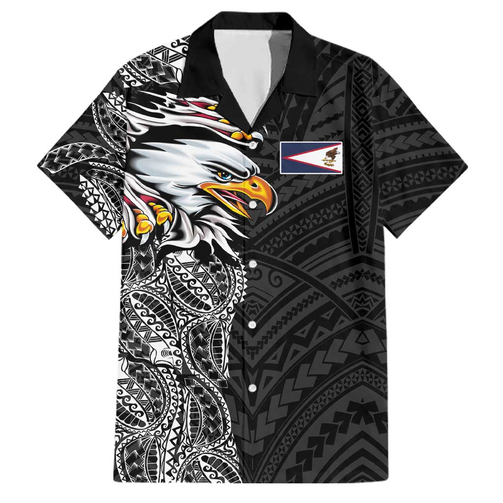 American Samoa Flag Day Family Matching Short Sleeve Bodycon Dress and Hawaiian Shirt Tribal Tattoo with Eagle Black LT03 Dad's Shirt - Short Sleeve Black - Polynesian Pride