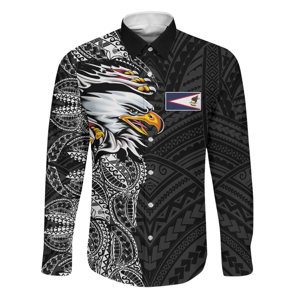 American Samoa Flag Day Family Matching Short Sleeve Bodycon Dress and Hawaiian Shirt Tribal Tattoo with Eagle Black LT03 Dad's Shirt - Long Sleeve Black - Polynesian Pride